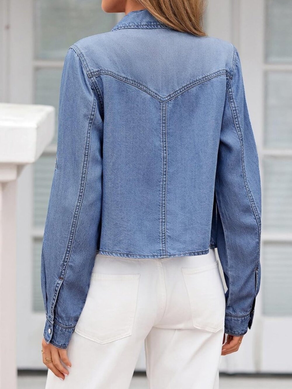 〽️Women's Light Blue Denim Button Down Shirt Tie Front Cropped Jean Cardigan - Picture 6 of 6